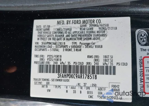 2010 Ford Fusion Sport z USA, uszkodzony, nr VIN 3FAHP0KC9AR178518